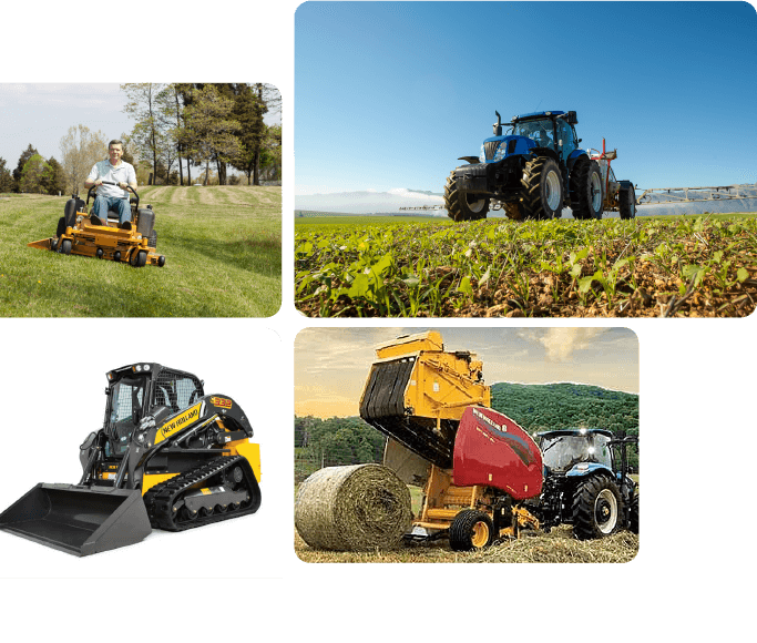 Thumbnails of mowers, tractors, and construction machinery